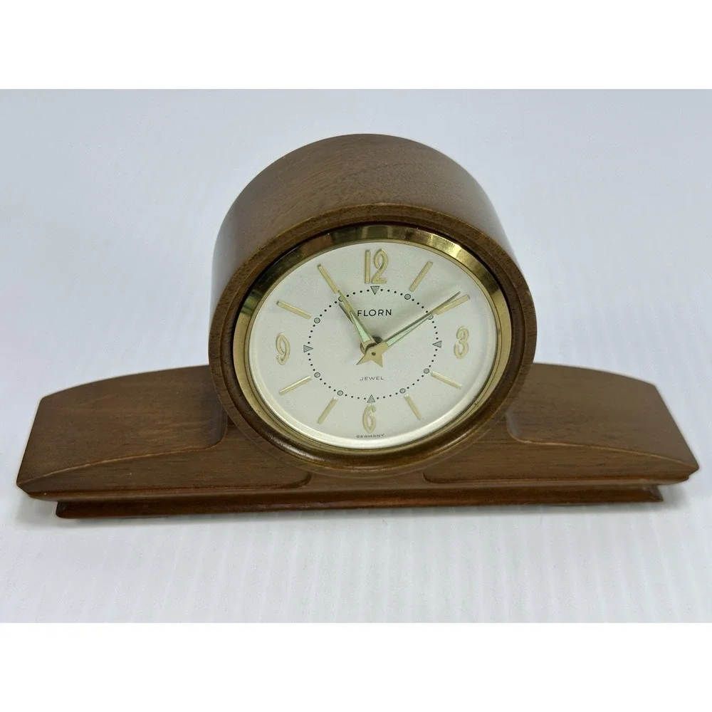 VTG Florn Germany Wood Brass Alarm Clock Luminous Hands Works‎ Intermittently